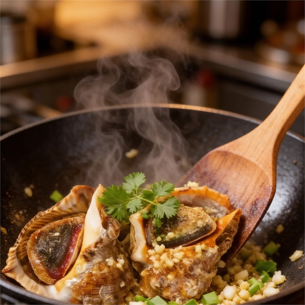 Garlic stir-fried conch meat in a wok