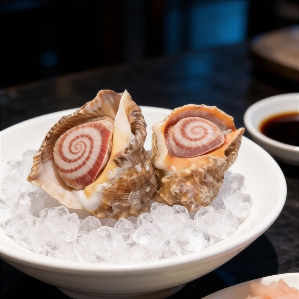 Sliced raw conch arranged as sashimi