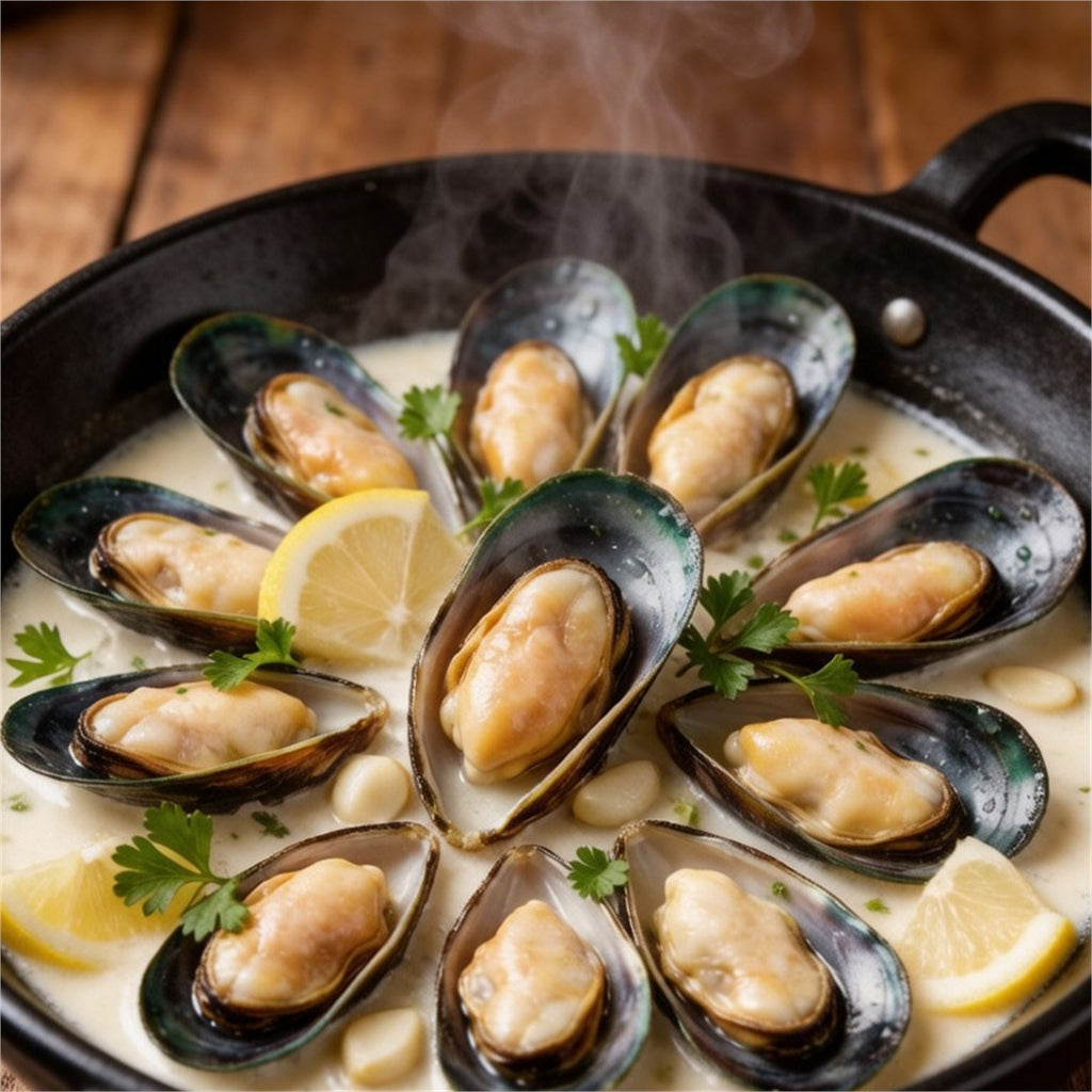 Green mussels simmered in white wine broth
