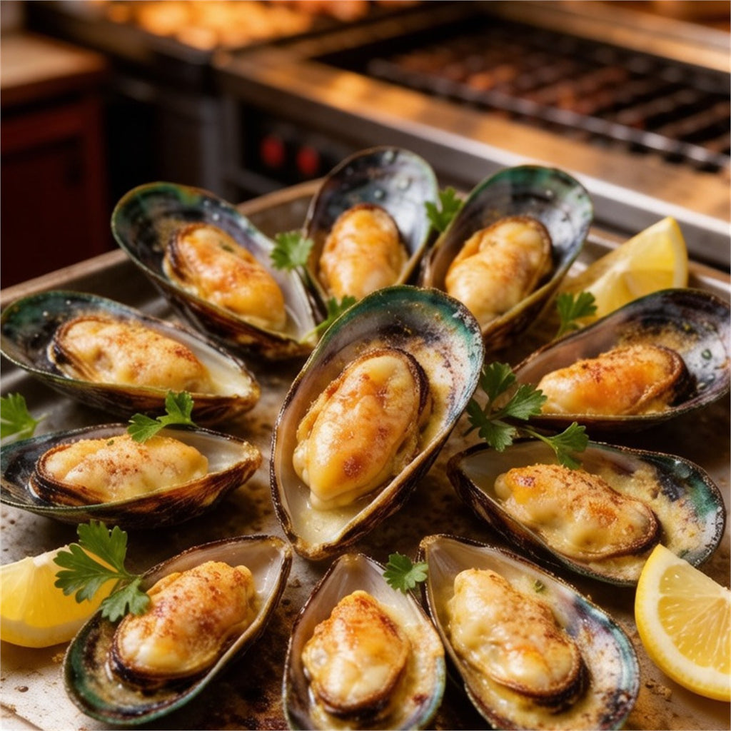 Grilled green mussels topped with melted cheese